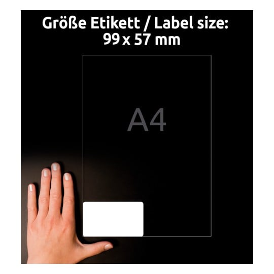 Größenvergleich mit Hand, Artikel: B7173-50, ein Bogen Ultra-Resistente Folien-Etiketten, Format: 99 x 57 mm, Farbe: Weiß