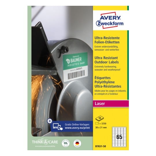 Packungsabbildung: Avery Zweckform Ultra Resistente Outdoor Etiketten, Artikel:  B7651-50, Format: 38 x 21 mm, Druckereignung: Laser s/w,Farblaser, Inhalt: 3.250 Etiketten / 50 Bögen, 65 Etiketten/Bogen