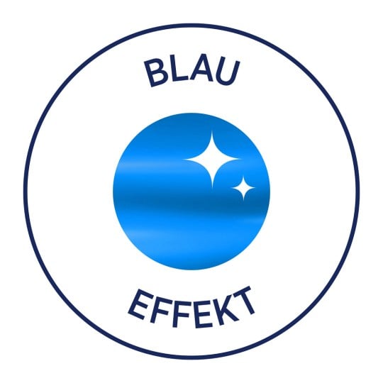 Das Bild zeigt einen blauen Kreis mit einem Farbverlauf, umgeben von dem Text 'BLAU EFFEKT' in einem kreisförmigen Format.