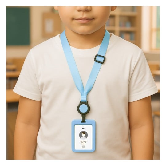 Ein kleiner Junge trägt ein weißes Hemd mit einem blauen Schlüsselband, an dem ein Ausweis befestigt ist. Der Ausweis scheint einen Namen und Informationen zu enthalten, und der Hintergrund weist auf eine Klassenzimmerumgebung hin.