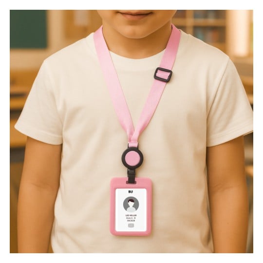 Ein junges Kind trägt ein rosa Lanyard mit einem angehängten ID-Ausweis, der einen Namen und Zoneninformationen zeigt. Der Hintergrund zeigt eine Klassenzimmerszene.