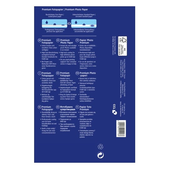 Das Bild zeigt die Verpackung für Premium-Fotopapier, auf der dessen Eigenschaften und Vorteile in mehreren Sprachen beschrieben werden. Hervorgehoben werden die sofortige Trocknung, hochauflösende Druckfähigkeiten und Informationen zum Kundensupport.