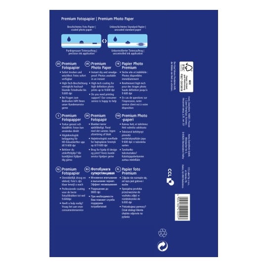 Das Bild zeigt die Verpackung für Premium-Fotopapier und beschreibt dessen Eigenschaften in mehreren Sprachen, darunter die Verfügbarkeit von Sofortdruck, eine High-Tech-Beschichtung für hochauflösende Drucke und Kundendienstunterstützung.