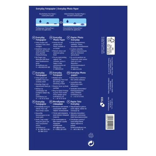 Das Bild zeigt Verpackungsinformationen für 'Everyday Photo Paper' in mehreren Sprachen und hebt Merkmale wie schnelles Trocknen, natürliche Farben sowie Kundenservice-Kontakte hervor.