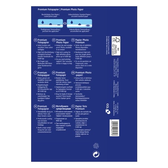Dieses Bild zeigt eine Verpackung von Premium-Fotopapier, auf der Produktspezifikationen, Merkmale und Supportinformationen in mehreren Sprachen, darunter Deutsch, britisches Englisch, Französisch, Niederländisch, Finnisch, Russisch und Polnisch, dargestellt sind.