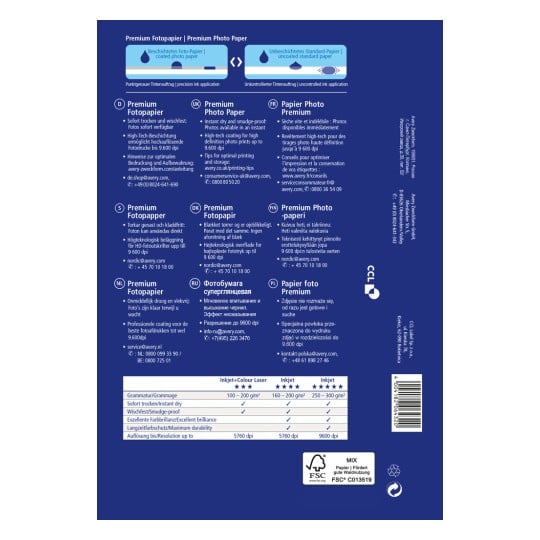 Das Bild zeigt die Verpackung für Premium-Fotopapier, in der die Eigenschaften, Spezifikationen und verschiedene Übersetzungen in mehreren Sprachen beschrieben sind.