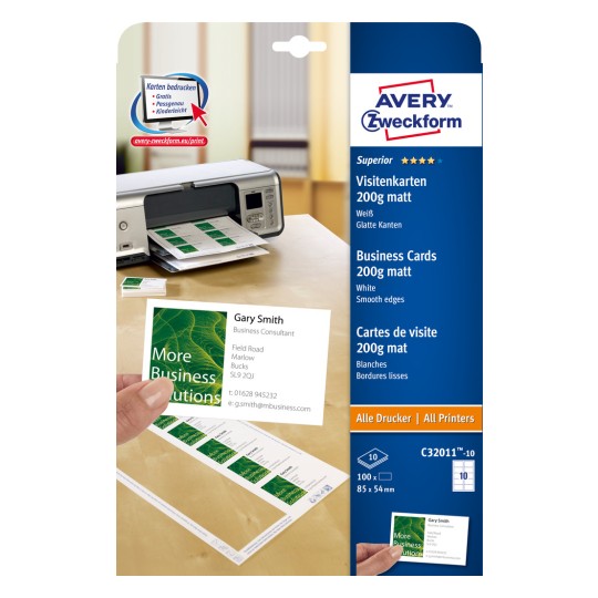 Packungsabbildung: Avery Zweckform Alle Drucker, Artikel:  C32011-10, Format: 85 x 54 mm, Druckereignung: Inkjet,Farblaser,Laser s/w,Kopierer, Inhalt: 100 Karten / 10 Bögen, 10 Karten/Bogen