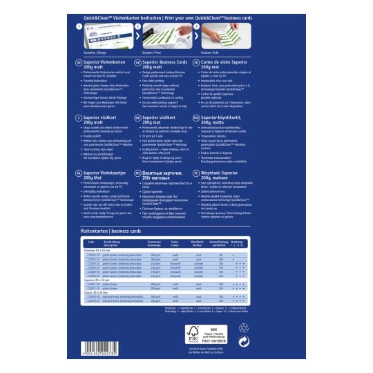 Das Bild ist ein Produktleitfaden für Quick&Clean-Visitenkarten, der Einzelheiten zu Druckoptionen, Materialien, Abmessungen und verschiedenen Sprachen enthält. Es hebt die Produktspezifikationen hervor und gibt Anweisungen zum Entwerfen und Drucken von Karten zu Hause.?