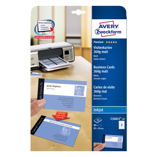Packungsabbildung: Avery Zweckform Inkjet, Artikel:  C32015-10, Format: 85 x 54 mm, Druckereignung: Inkjet, Inhalt: 80 Karten / 10 Bögen, 8 Karten/Bogen