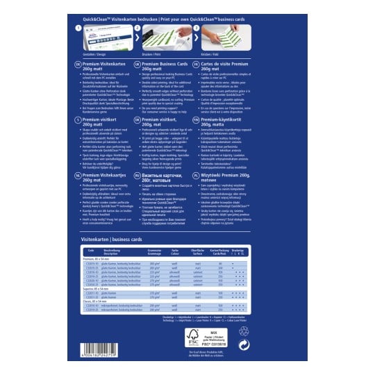 Das Bild enthält Informationen über die Quick&Clean Visitenkarten, die ihre Merkmale, Spezifikationen und verschiedene Sprachübersetzungen detailliert darstellen. Es hebt die Druckoptionen, die verwendeten Materialien hervor und bietet einen Vergleich verschiedener Visitenkartentypen und deren Eigenschaften.