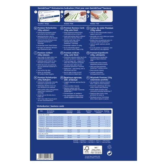 Das Bild ist ein detailliertes Produktdatenblatt für Quick&Clean-Visitenkarten, das verschiedene Typen, Gewichte, Oberflächen und verfügbare Druckoptionen spezifiziert. Es enthält mehrere Sprachen und hebt die wichtigsten Merkmale der Produkte hervor.