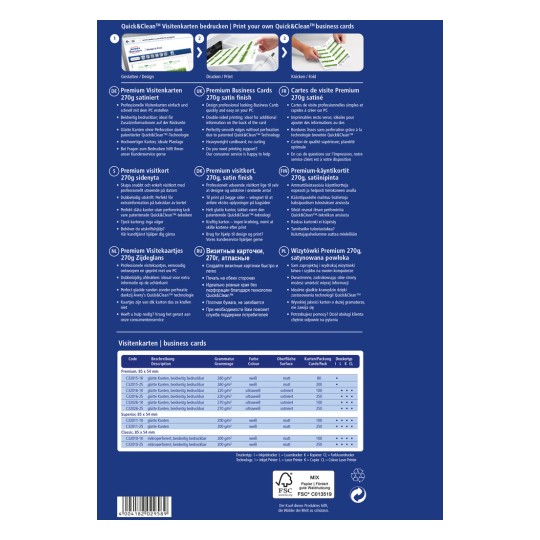 Dieses Bild zeigt Informationen über Quick&Clean Visitenkarten, einschließlich Druckspezifikationen, Materialien und Designoptionen, die in mehreren Sprachen verfügbar sind.