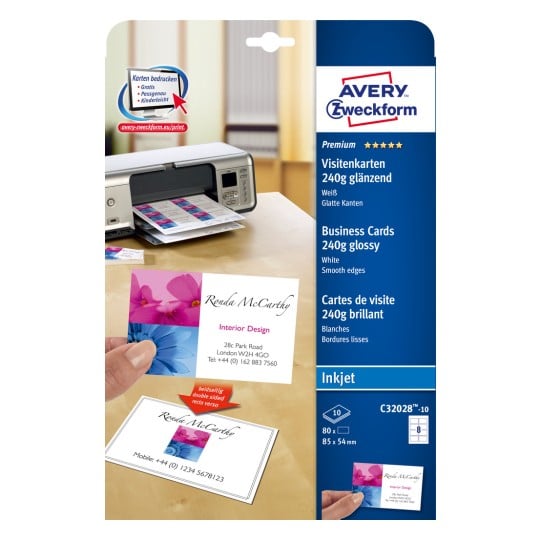 Packungsabbildung: Avery Zweckform Inkjet, Artikel:  C32028-10, Format: 85 x 54 mm, Druckereignung: Inkjet, Inhalt: 80 Karten / 10 Bögen, 8 Karten/Bogen