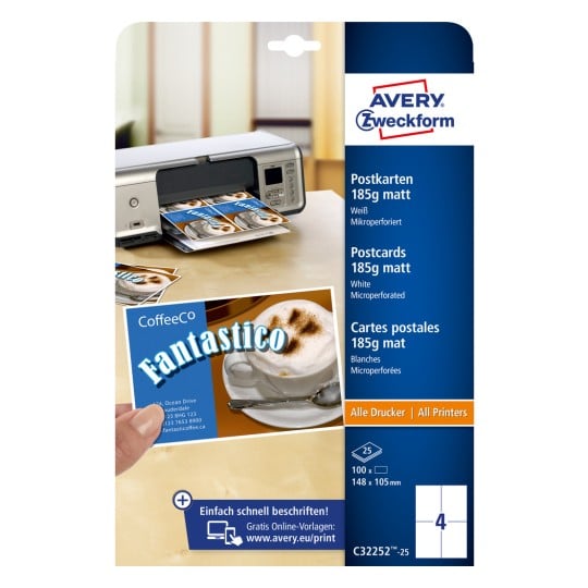 Packungsabbildung: Avery Zweckform Postkarten, Artikel:  C32252-25, Format: 148 x 105 mm, Druckereignung: Inkjet,Farblaser,Laser s/w,Kopierer, Inhalt: 100 Karten / 25 Blatt, 4 Karten/Bogen