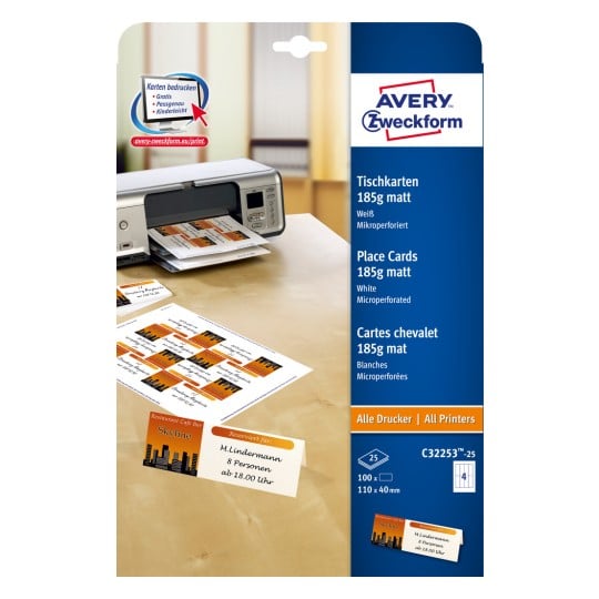 Packungsabbildung: Avery Zweckform Tischkarten, Artikel:  C32253-25, Format: 110 x 40 mm, Druckereignung: Inkjet,Farblaser,Laser s/w,Kopierer, Inhalt: 100 Karten / 25 Bögen, 4 Karten/Bogen
