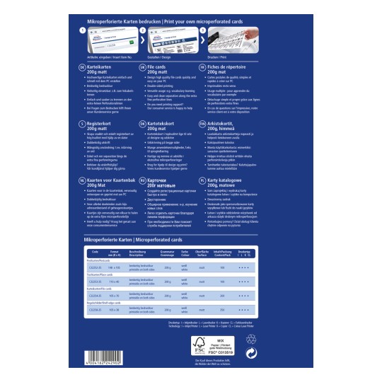 Das Bild zeigt Informationen über mikroperforierte Karten, einschließlich Beschreibungen, Größen und Anweisungen für Design und Druck in mehreren Sprachen.
