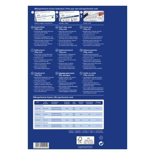 Ein Bild, das Informationen über mikroperforierte Karten für den Druck anzeigt, mit Details zu verschiedenen Typen, Spezifikationen und Anweisungen in mehreren Sprachen.