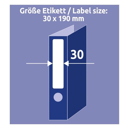 Größenvergleich mit Hand, Artikel: C32266-25, ein Bogen Ordner-Einsteckschilder, Format: 30 x 190 mm, Farbe: Weiß
