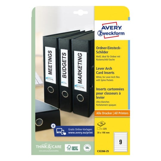 Packungsabbildung: Avery Zweckform Ordnereinsteckschilder, Artikel:  C32266-25, Format: 30 x 190 mm, Druckereignung: Inkjet,Laser s/w,Farblaser, Inhalt: 225 Stück / 25 Bögen, 9 Stück/Bogen