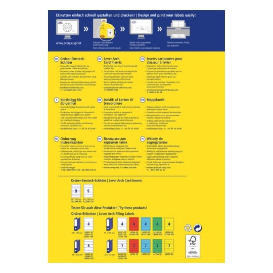 Ein Bild, das verschiedene Produkte im Zusammenhang mit Trennblatteinlagen für Ordner zeigt. Es enthält Details in mehreren Sprachen zu Produkteigenschaften, Anwendungstipps und ein Design zum Drucken von Etiketten. Das Bild hat Abschnitte, die spezifische Produktcodes und Abmessungen beschreiben.
