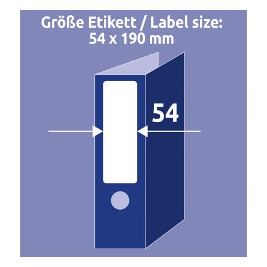 Das Bild zeigt einen Ordner mit Abmessungen für eine Etikettengröße von 54 x 190 mm, einschließlich einer Platzhalterfläche für ein Etikett auf dem Ordner.