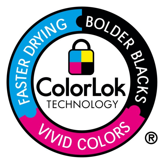 Das Bild zeigt das ColorLok-Technologie-Logo, das Merkmale wie schnelleres Trocknen, kräftigere Schwarztöne und lebendige Farben hervorhebt. Das Logo ist kreisförmig mit unterschiedlichen Abschnitten für jedes Merkmal und beinhaltet ein Schloss-Symbol.