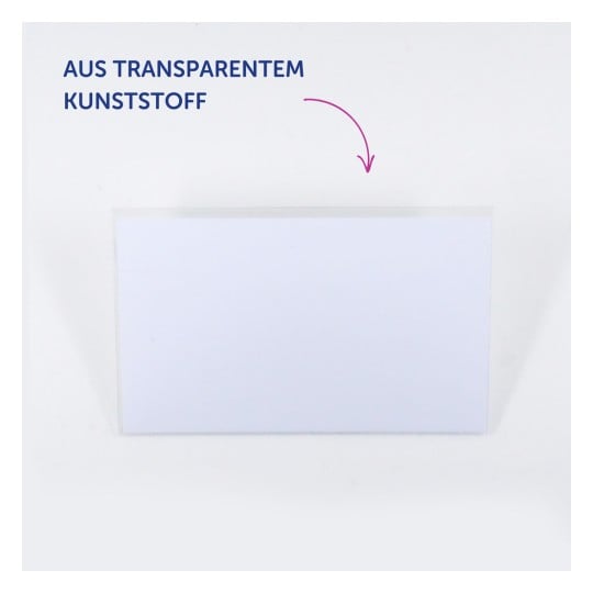 Das Bild zeigt einen transparenten Kunststoffgegenstand vor einem weißen Hintergrund. Darüber befindet sich ein Text in deutscher Sprache, der übersetzt 'aus transparentem Kunststoff hergestellt' bedeutet.