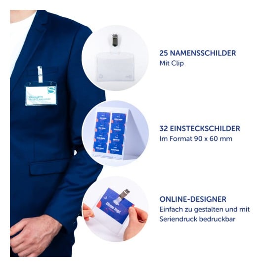 Das Bild zeigt eine Person in einem blauen Anzug mit einem Namensschild auf der Brust. Es werden Details zu Namensschildern gezeigt, darunter Optionen wie 25 Namensschilder mit Clips, 32 Einsteckkarten in einem spezifischen Format und ein Online-Designer zur individuellen Gestaltung.