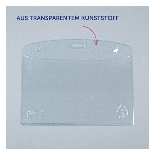 Das Bild zeigt einen transparenten Kunststoffhalter mit abgerundetem oberen Ende und zwei Löchern zur Befestigung. Er ist mit einem deutschen Text beschriftet, der darauf hinweist, dass er aus transparentem Kunststoff besteht.