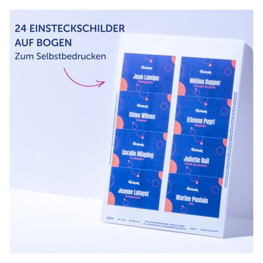 Das Bild zeigt ein druckbares Blatt mit 24 Namensschildern, die verschiedene Namen und berufliche Titel in einem farbenfrohen Design enthalten.