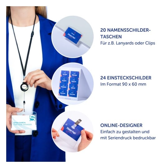 Das Bild zeigt verschiedene Gegenstände im Zusammenhang mit Namensschildern, darunter eine Person, die ein Namensschild mit einem Schlüsselband hält, eine Produktverpackung und bedruckte Namenseinlagen. Die Gegenstände werden in einem professionellen Umfeld präsentiert, das für Veranstaltungen oder Konferenzen gedacht ist.