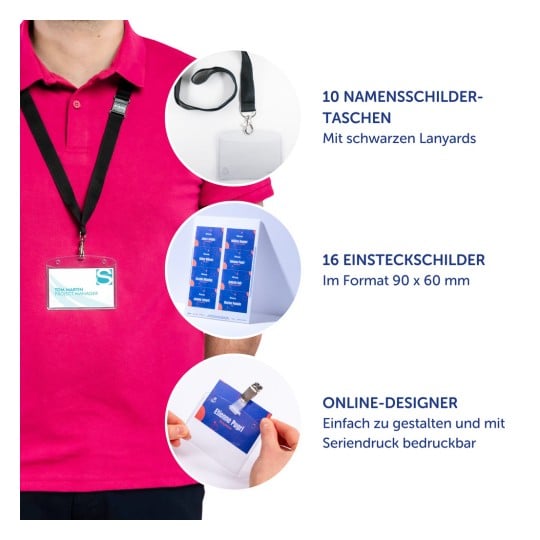 Das Bild zeigt eine Person, die ein pinkes Hemd trägt, mit einem Namensschild, das an einem Lanyard hängt. Es gibt auch drei grafische Elemente, die Namensschildhalter, Einleger und ein Online-Design-Tool zeigen.