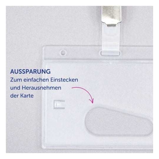 Das Bild zeigt einen transparenten Kartenhalter mit einem gekennzeichneten Schlitz für einfaches Einführen und Entfernen von Karten. Ein Text auf Deutsch erklärt den Zweck des Schlitzes.