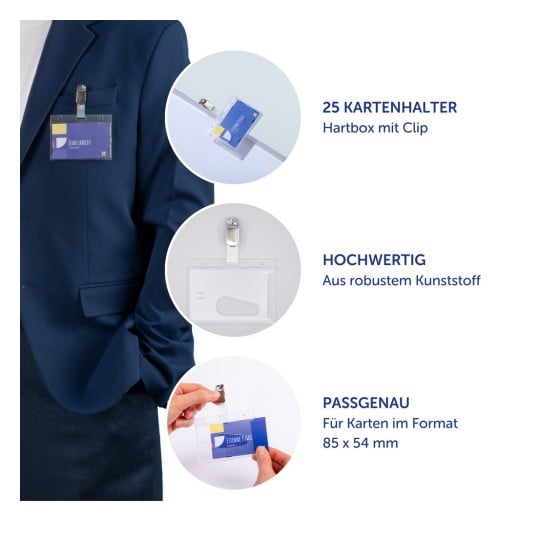 Das Bild zeigt einen stilvollen Blazer mit einem Kartenhalter, der vorne angeclipst ist. Es hebt Merkmale wie die Anzahl der Kartenhalter, die Materialqualität und Größenangaben hervor. Der Kartenhalter besteht aus robustem Kunststoff und ist für Standardkartengrößen ausgelegt.