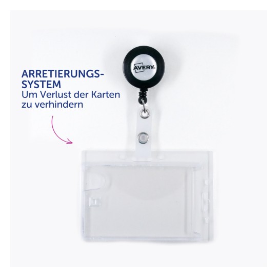 Das Bild zeigt einen Ausweishalter mit einem einziehbaren Rollensystem von Avery, das dazu entwickelt wurde, den Verlust von Karten zu verhindern.