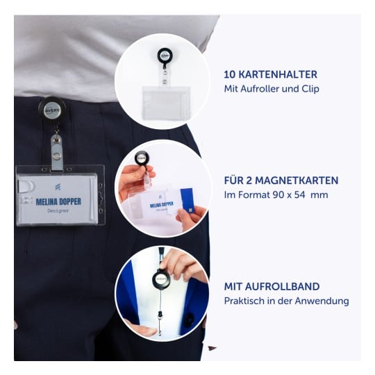 Bild zeigt Ausweishalter und einziehbare Rollen, einschließlich Designspezifikationen und praktischer Nutzung.