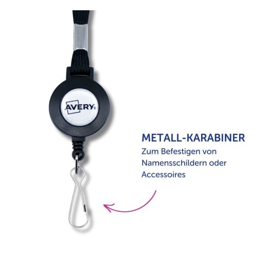 Das Bild zeigt eine einziehbare Ausweishalterrolle mit einem Metallkarabiner, die zum Befestigen von Namensschildern oder Zubehör entwickelt wurde. Das Logo lautet 'Avery' und die Beschreibung gibt seinen Zweck auf Deutsch an.
