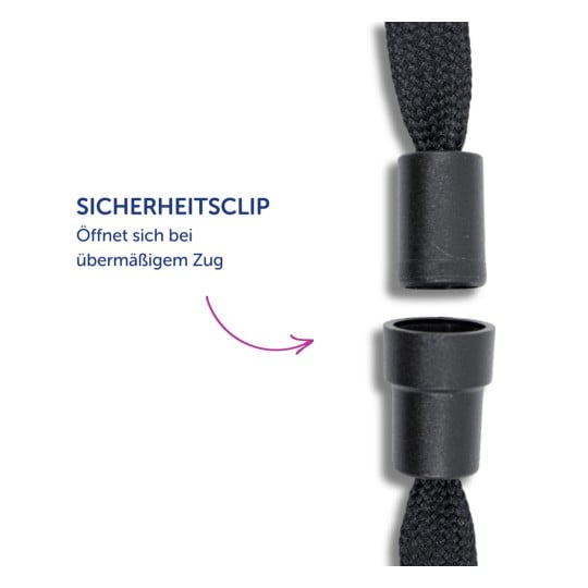 Das Bild zeigt eine Sicherheitsklammer mit einer deutschen Beschreibung, die besagt, dass sie sich bei übermäßiger Spannung öffnet.