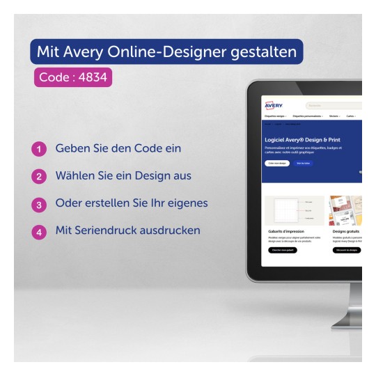 Das Bild zeigt Anweisungen zur Verwendung des Avery Online Designers mit Schritten zum Eingeben eines Codes, zur Auswahl eines Designs, zum Erstellen eines benutzerdefinierten Designs und zum Drucken mit einer Serienproduktionsfunktion.