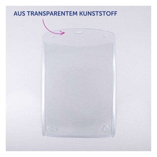 Das Bild zeigt einen klaren Plastikdokumentenhalter mit einem Etikett, auf dem 'AUS TRANSPARENTEM KUNSTSTOFF' steht.