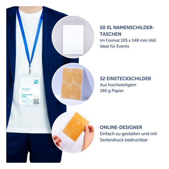 Das Bild zeigt eine Person mit einem Ausweishalter. Der Text hebt die Produktdetails hervor: 50 XL-Ausweishalter, die für Veranstaltungen geeignet sind, 52 Einsteckkarten aus hochwertigem Papier und einen Online-Designer für einfache Anpassung und Druck.