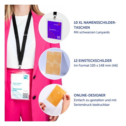 Das Bild zeigt eine Frau in einem pinkfarbenen Blazer, die ein Namensschild und ein Lanyard trägt. Das Bild enthält Grafiken, die Ausweishalter, Ausweise und ein Online-Design-Tool für Veranstaltungen beschreiben.
