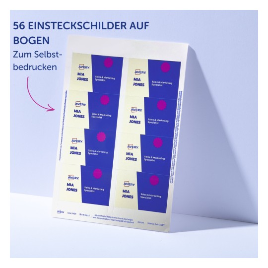 Bogen mit 56 blauen und weißen, druckbaren Namensschild-Einlegern mit der Aufschrift „MIA JONES“?