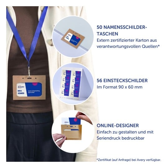 Person, der einen Ausweishalter mit Lanyard trägt, und drei Nahaufnahmen von Ausweisproduktbildern mit deutschem Text?