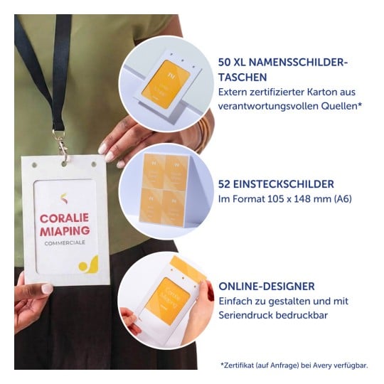 Person trägt ein Umhängeband mit einem rechteckigen Namensschildhalter, auf dem „Coralie Miaping“ zu sehen ist?