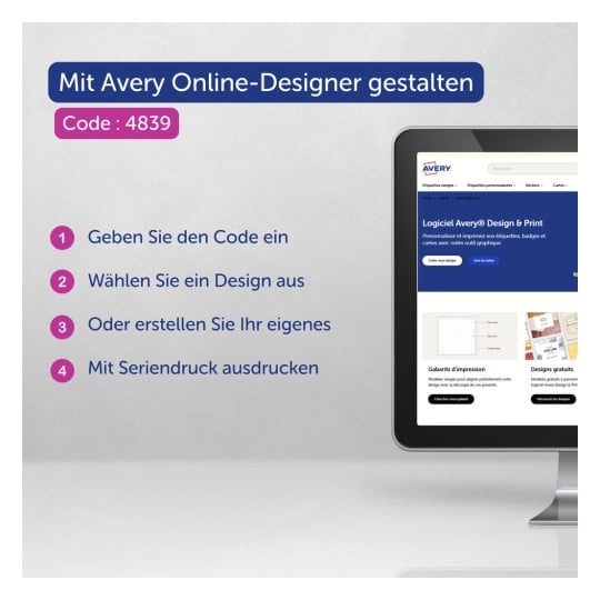 Das Bild zeigt einen Computerbildschirm mit der Avery Online Designer-Oberfläche, auf der Anweisungen in deutscher Sprache zu sehen sind, wie man mit einem Code personalisierte Designs erstellt.