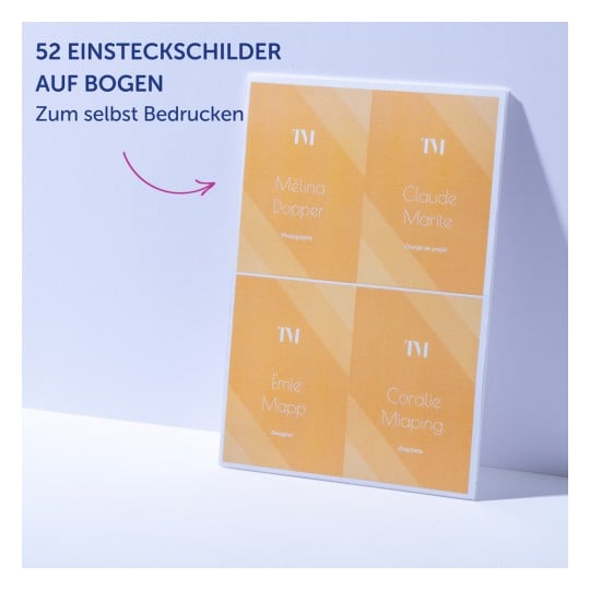 Das Bild zeigt ein Blatt mit druckbaren Namensschildern, das in vier Abschnitte unterteilt ist. Jedes Schild enthält einen Namen und einen Beruf, mit einem hellorangefarbenen Hintergrund und einem modernen Design.