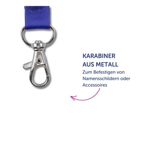 Das Bild zeigt einen Metallkarabiner mit einem blauen Riemen. Er ist für das Anbringen von Namensschildern oder Zubehör konzipiert.