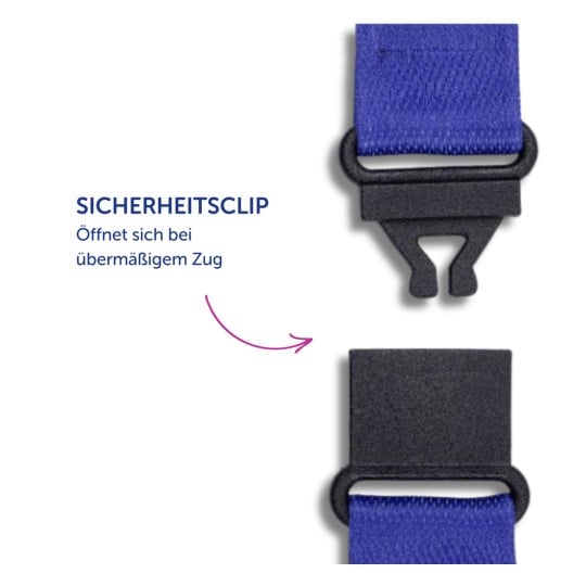 Das Bild zeigt einen Sicherheitsclip mit einem blauen Band, begleitet von einem Text, der darauf hinweist, dass er sich bei übermäßigem Zug öffnet.