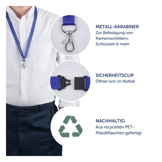 Das Bild zeigt ein blaues Lanyard mit einem Metallkarabiner und einem Sicherheitsclip. Es hebt seine Verwendung zum Befestigen von Namensschildern und Schlüsseln hervor und betont die langlebigen und umweltfreundlichen Materialien, die aus recyceltem PET-Kunststoff hergestellt sind.